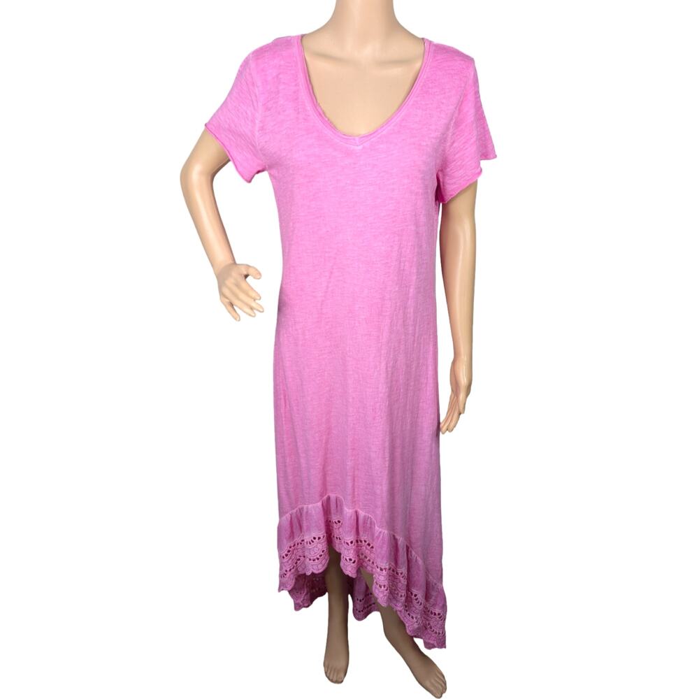 Made in Italy High-Low Maxi Dress S/M Pink Mineral Wash Eyelet Lace Romantic